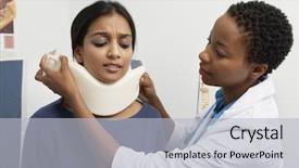  Presentation with neck 3d - Amazing PPT theme having female doctor tying neck brace backdrop and a  colored foreground
