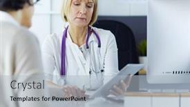  Presentation with patients - PPT theme with female-doctor-using-digital-tablet background and a light blue colored foreground