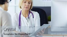  Presentation with patients - Audience pleasing PPT theme consisting of female-doctor-using-digital-tablet backdrop and a light blue colored foreground