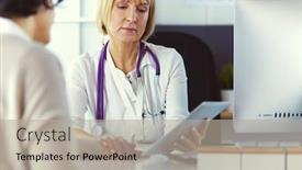  Presentation with patients - Amazing PPT theme having female-doctor-using-digital-tablet backdrop and a mint green colored foreground