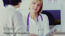  Presentation with patients - Audience pleasing presentation theme consisting of female-doctor-using-digital-tablet backdrop and a light gray colored foreground