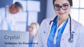  Presentation with lobby - Beautiful presentation theme featuring female-doctor-using-tablet-computer backdrop and a light blue colored foreground