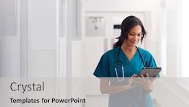  Presentation with digital hospital - Cool new PPT theme with female-doctor-wearing-scrubs backdrop and a light gray colored foreground