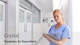  Presentation with using digital tablet - Beautiful slides featuring female-doctor-wearing-scrubs backdrop and a light gray colored foreground