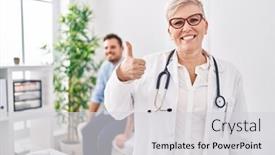  Presentation with medical smiling doctor - Theme enhanced with female-doctor-wearing-uniform background and a light gray colored foreground