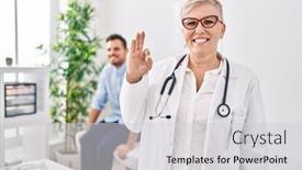  Presentation with medical sign - PPT theme having female-doctor-wearing-uniform background and a light gray colored foreground