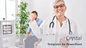  Presentation with medical smiling doctor - Presentation theme featuring female-doctor-wearing-uniform background and a light gray colored foreground
