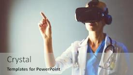  Presentation with virtual reality - Cool new slides with female doctor wearing virtual reality glasses isolated on white background backdrop and a light gray colored foreground