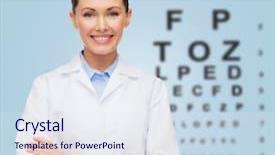  Presentation with eye medicine - Amazing PPT theme having female doctor with eye chart backdrop and a sky blue colored foreground