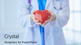  Presentation with cardiology concept - Audience pleasing presentation theme consisting of female doctor with stethoscope holding backdrop and a light blue colored foreground