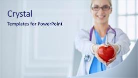  Presentation with cardiology concept - PPT theme featuring female doctor with stethoscope holding background and a sky blue colored foreground