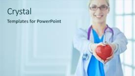  Presentation with cardiology concept - Beautiful PPT layouts featuring female doctor with stethoscope holding backdrop and a sky blue colored foreground