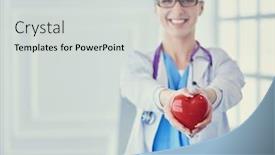  Presentation with cardiology concept - Beautiful slide set featuring female-doctor-with-stethoscope-holding backdrop and a light gray colored foreground