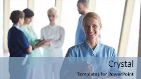  Presentation with staff - Colorful slide deck enhanced with female doctor with tablet computer standing in front of team in background group of medical staff at hospital backdrop and a light blue colored foreground
