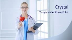  Presentation with shape - Audience pleasing PPT theme consisting of female doctor with the stethoscope backdrop and a sky blue colored foreground