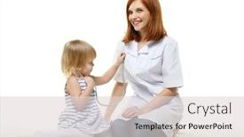  Presentation with doctor patient relations - PPT theme with female doctor and the small patient with a stethoscope sit on a white background background and a light gray colored foreground