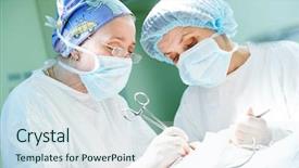  Presentation with mature masked female surgeon - Presentation design featuring female doctors operating in child background and a sky blue colored foreground