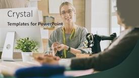  Presentation with potential - Slide set featuring female-dressmaker-is-communicating background and a mint green colored foreground