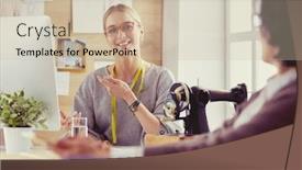  Presentation with potential - Colorful slide set enhanced with female-dressmaker-is-communicating backdrop and a soft green colored foreground