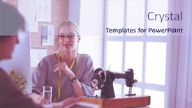  Presentation with potential - Cool new slides with female-dressmaker-is-communicating backdrop and a sky blue colored foreground