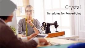  Presentation with potential - Slide set with female-dressmaker-is-communicating background and a cream colored foreground