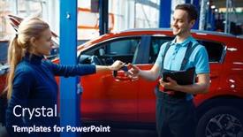  Presentation with driver - Amazing PPT layouts having female-driver-gives-keys backdrop and a navy blue colored foreground