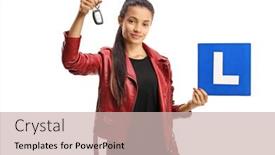  Presentation with driver - Presentation design consisting of female-driver-holding-a-car background and a soft green colored foreground