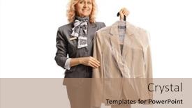  Presentation with dry cleaning - Presentation theme featuring female-dry-cleaning-worker-holding background and a coral colored foreground