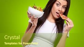  Presentation with pizza - Cool new theme with healthy unhealthy food - female eating a piece backdrop and a tawny brown colored foreground