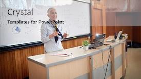  Presentation with professor - Audience pleasing presentation design consisting of female-elderly-professor-giving backdrop and a light gray colored foreground