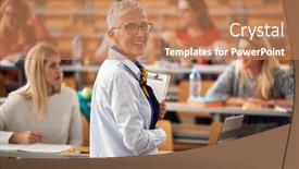  Presentation with questions - Amazing presentation theme having female-elderly-professor-giving backdrop and a coral colored foreground