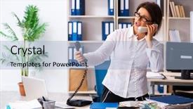  Presentation with employee profile company concept - Beautiful presentation design featuring female employee in budget planning backdrop and a light blue colored foreground