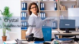  Presentation with employee month - Slide set having female employee in budget planning background and a teal colored foreground