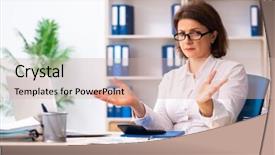  Presentation with budget - Slide deck having female employee in budget planning background and a soft green colored foreground