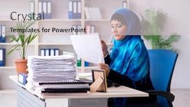  Presentation with hijab - PPT theme enhanced with female employee in hijab working in the office background and a lemonade colored foreground