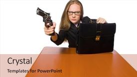  Presentation with crime - PPT theme having female employee sitting at long background and a gold colored foreground