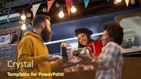  Presentation with food service - Presentation theme having female-employee-socializing-with-multiethnic background and a tawny brown colored foreground