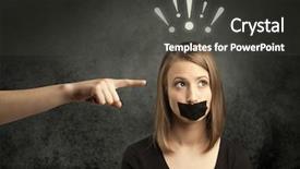  Presentation with employee - Slide set with female employee with drawn exclamation background and a dark gray colored foreground