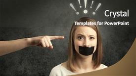  Presentation with employee - Cool new theme with female employee with drawn exclamation backdrop and a  colored foreground