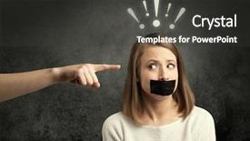  Presentation with employee recognition vedio - Amazing PPT layouts having female employee with drawn exclamation backdrop and a  colored foreground