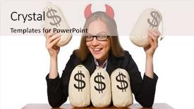  Presentation with employee retention milestones - Presentation theme featuring female employee with money sacks background and a  colored foreground