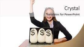 Presentation with money - Amazing presentation theme having female employee with money sacks backdrop and a  colored foreground