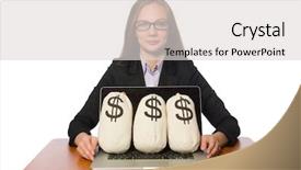  Presentation with employee - Beautiful presentation design featuring female employee with money sacks backdrop and a  colored foreground
