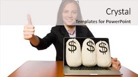  Presentation with money - Amazing PPT theme having female employee with money sacks backdrop and a  colored foreground