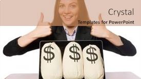  Presentation with employee - Presentation theme with female-employee-with-money-sacks background and a coral colored foreground