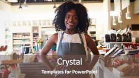  Presentation with employee working in industry - Cool new slides with female employee working in delicatessen backdrop and a tawny brown colored foreground