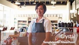  Presentation with employee - Audience pleasing PPT theme consisting of female employee working in delicatessen backdrop and a  colored foreground