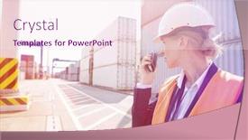  Presentation with walkie talkie - Cool new presentation theme with female engineer using walkie-talkie in shipping yard backdrop and a sky blue colored foreground