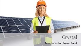  Presentation with solar farm - Slide deck with female-engineer-with-a-safety background and a light gray colored foreground