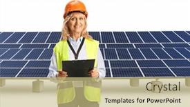  Presentation with solar farm - Presentation theme with female-engineer-with-a-safety background and a yellow colored foreground